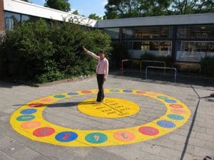 zonnewijzerplein van thermoplast plakletters. Ga in de zonnewijzer staan en uw schaduw geeft de tijd aan.