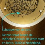 De schaduw van de zon geeft de start van de lente aan, het is 10:00 in Nederland en de zon staat boven de Indische Oceaan.